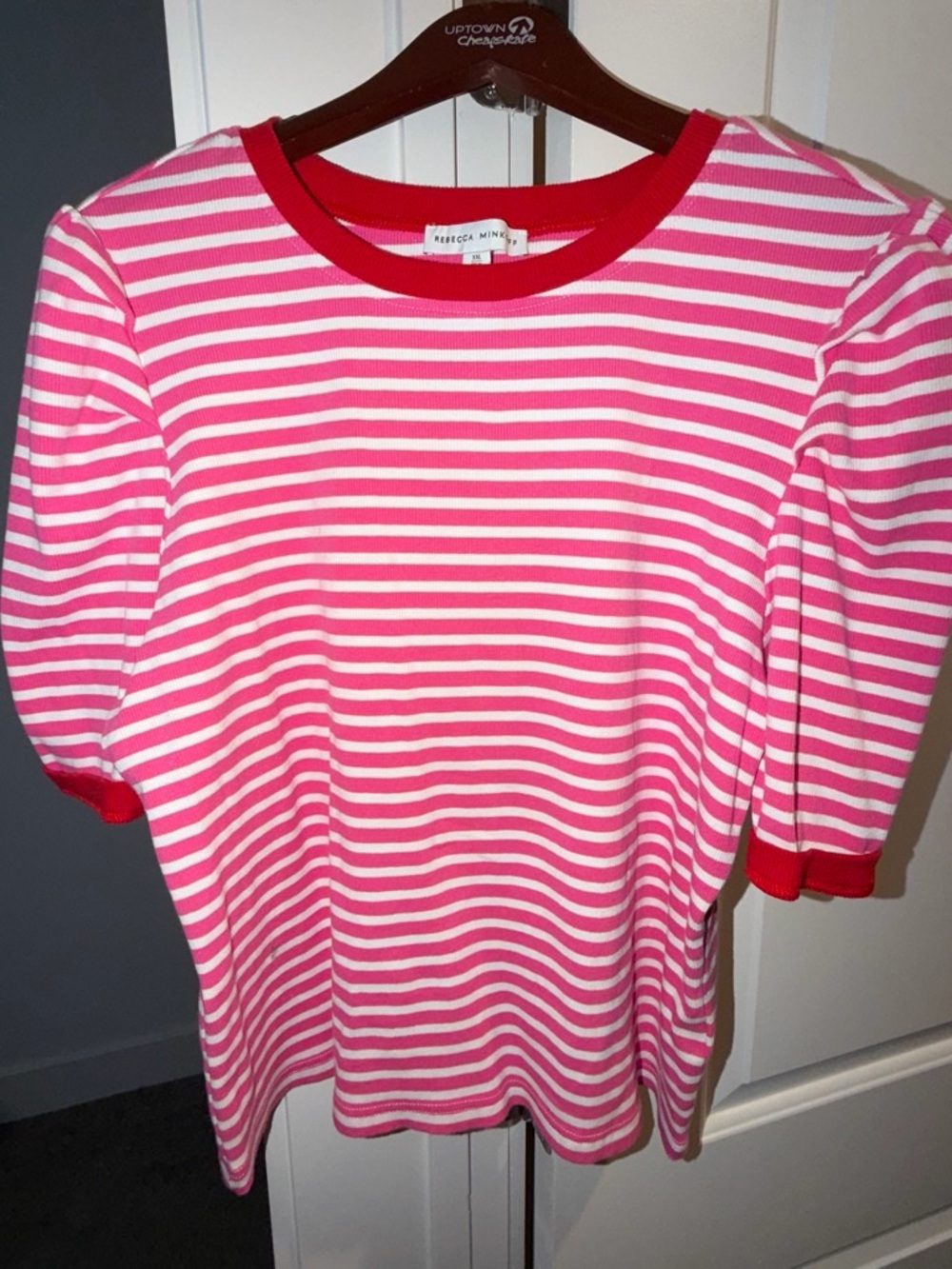 Rebecca Minkoff Pink & White Striped Short Sleeve Blouse